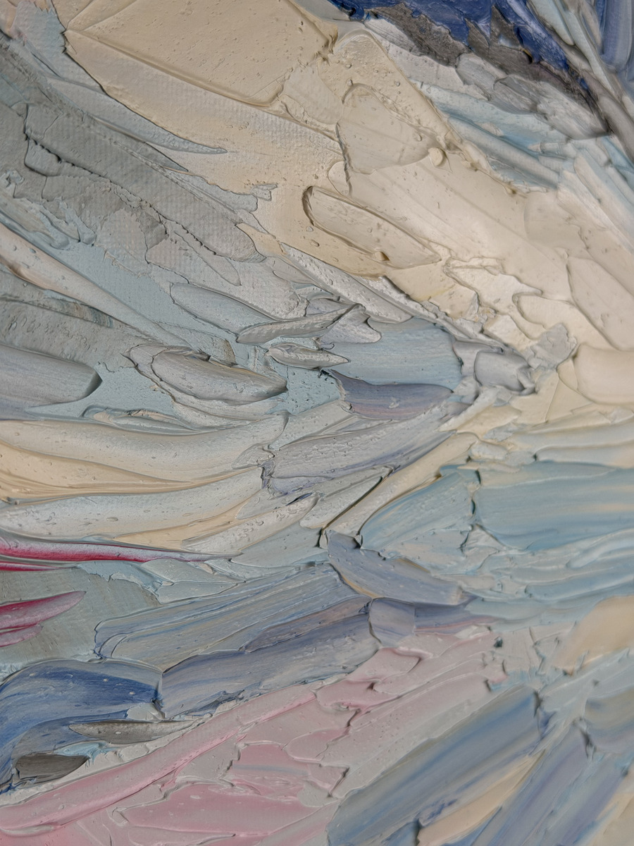 Close-up of layered palette-knife texture in the Almond Blossom petals