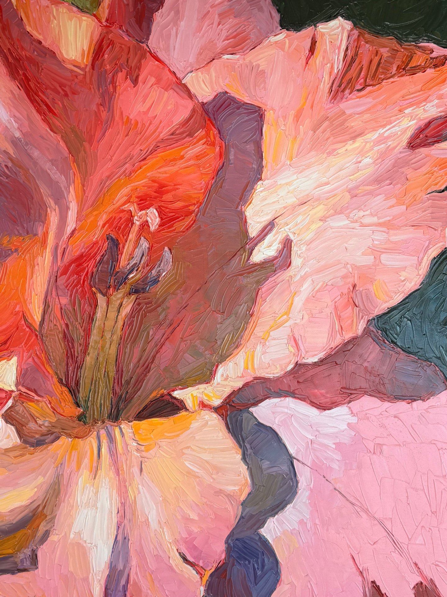 Macro close-up of thick palette-knife oil strokes on the Gladiolus