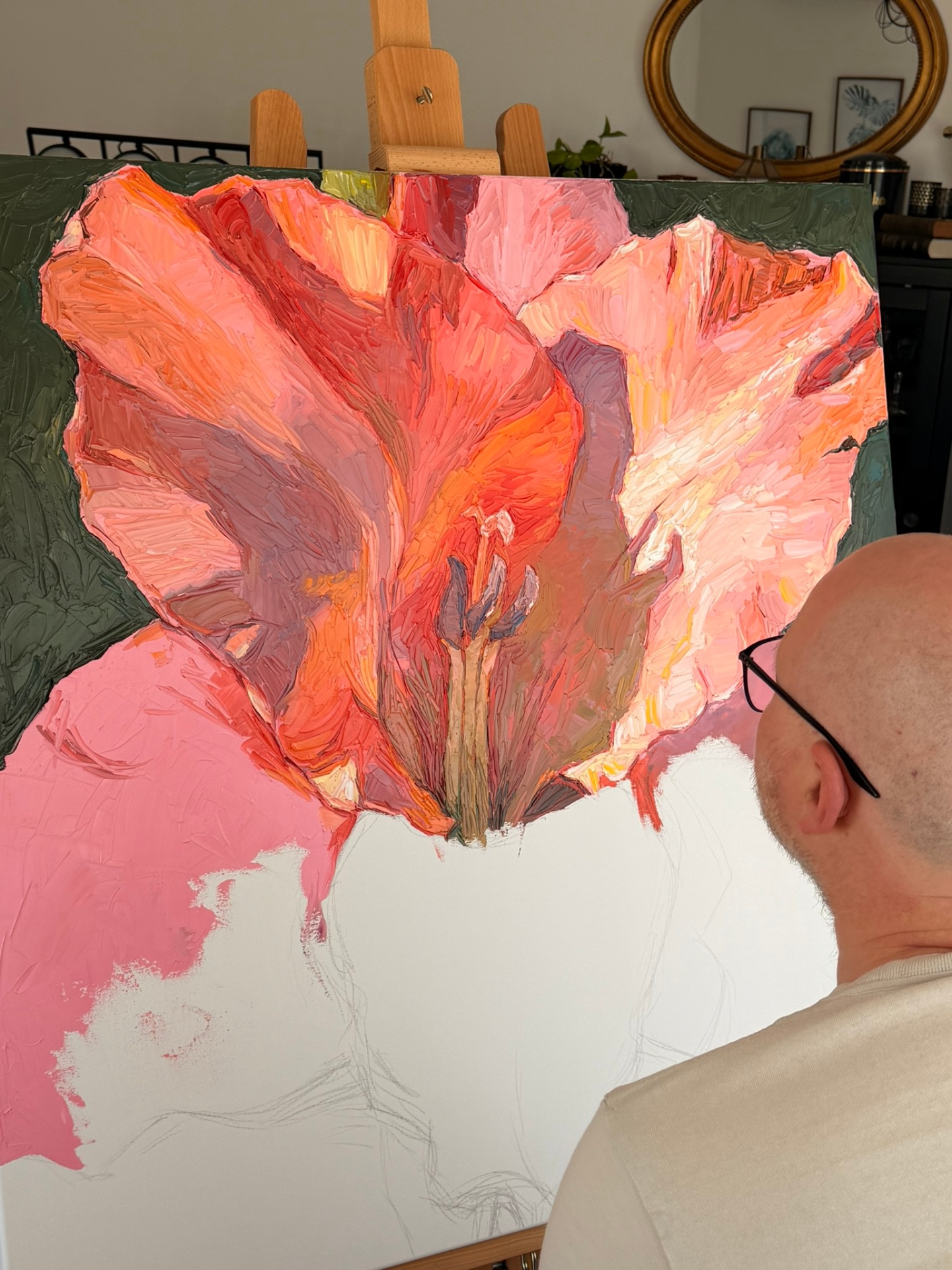 The Gladiolus painting in progress on the easel