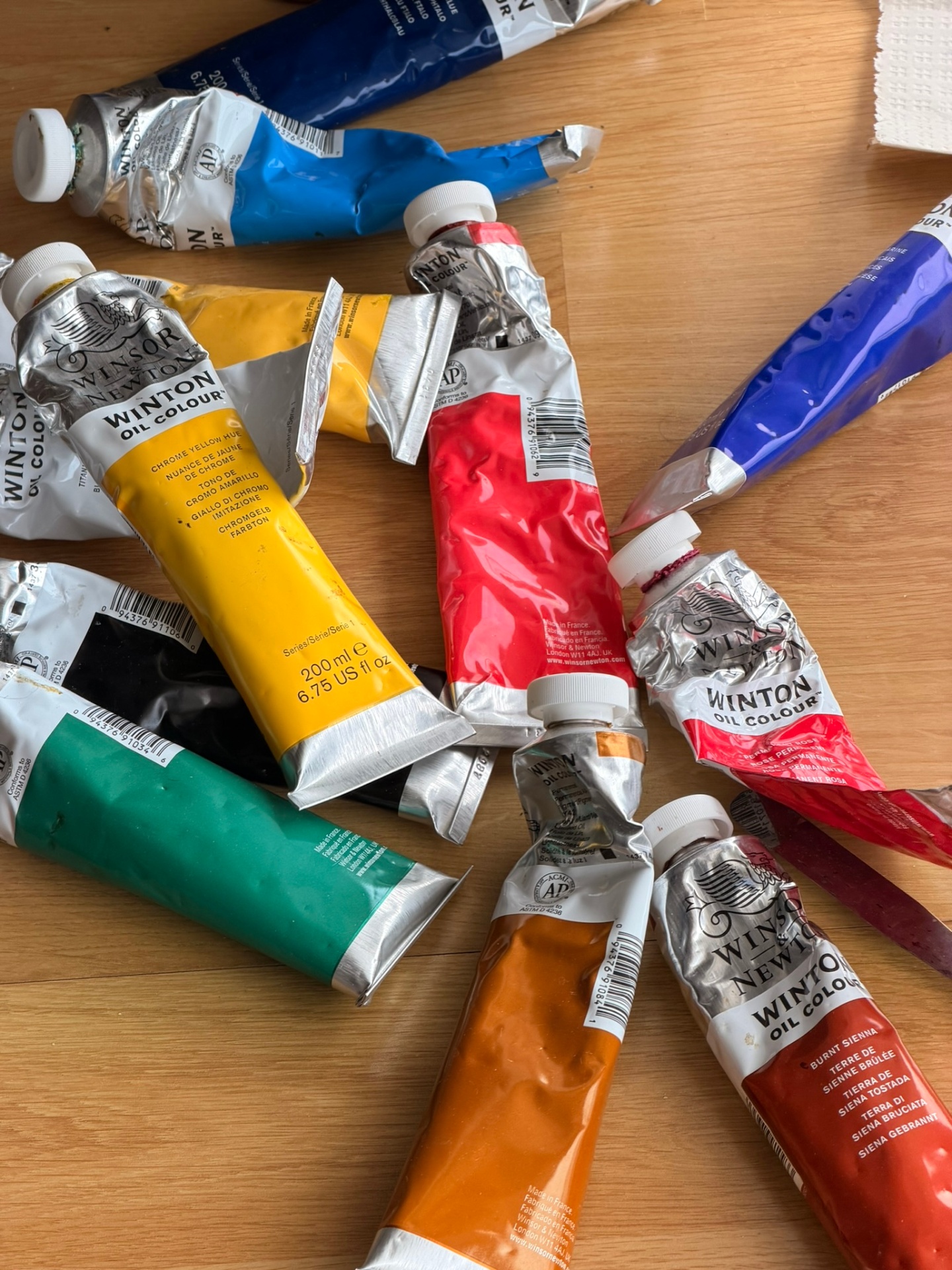 Winton oil paint tubes laid out before painting the Gladiolus