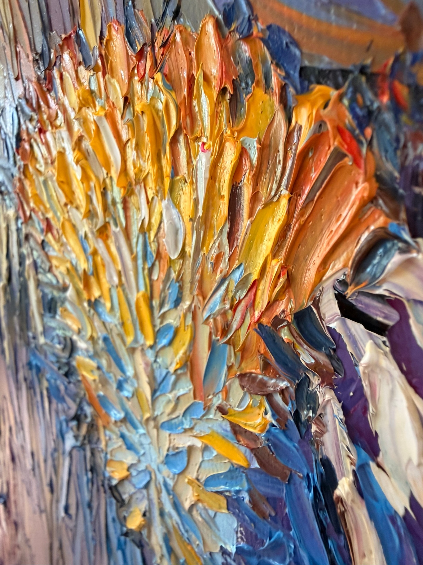 Macro close-up of thick palette-knife oil strokes on the Iris