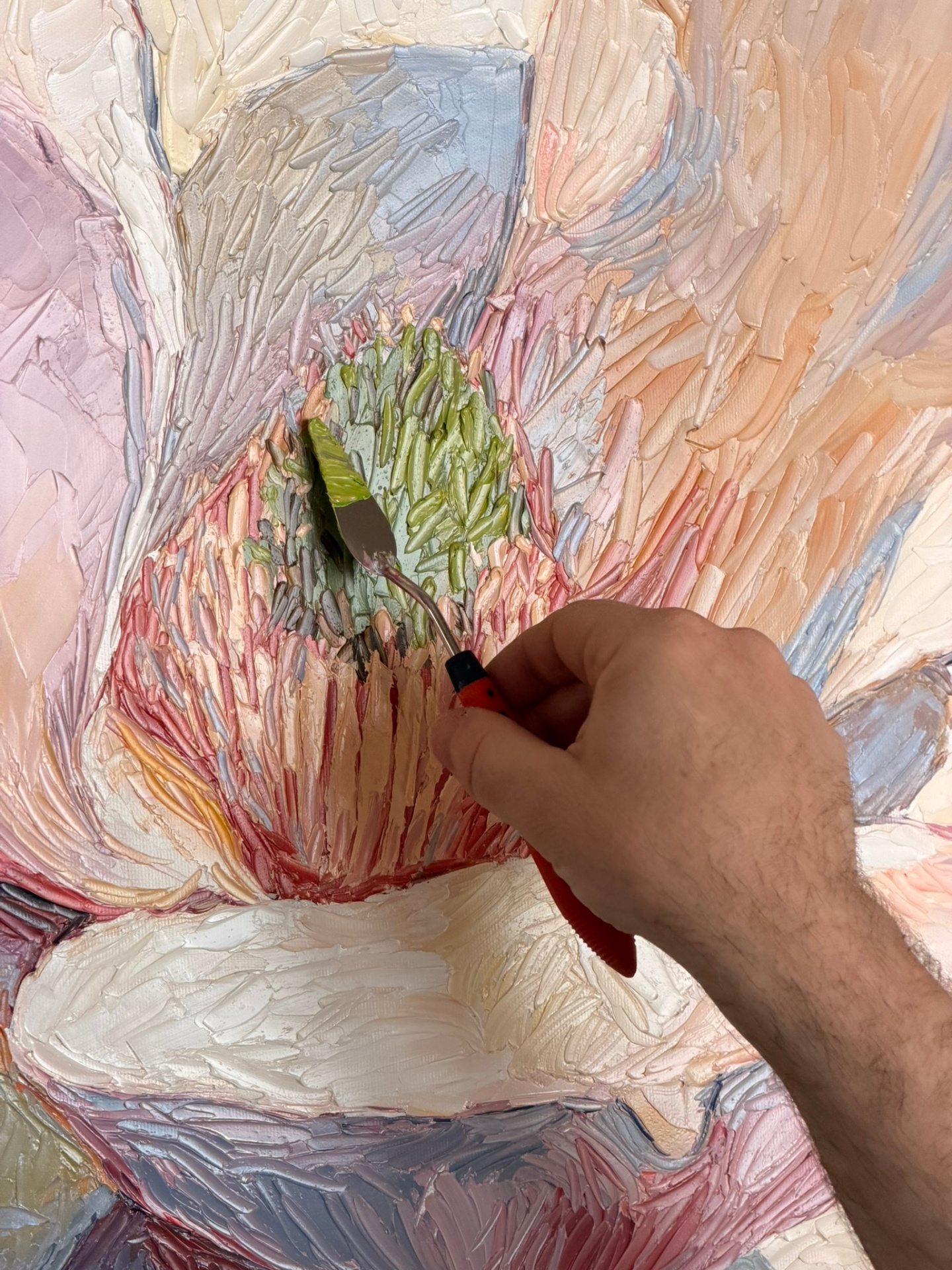 Macro close-up of thick palette-knife oil strokes at the heart of the Magnolia