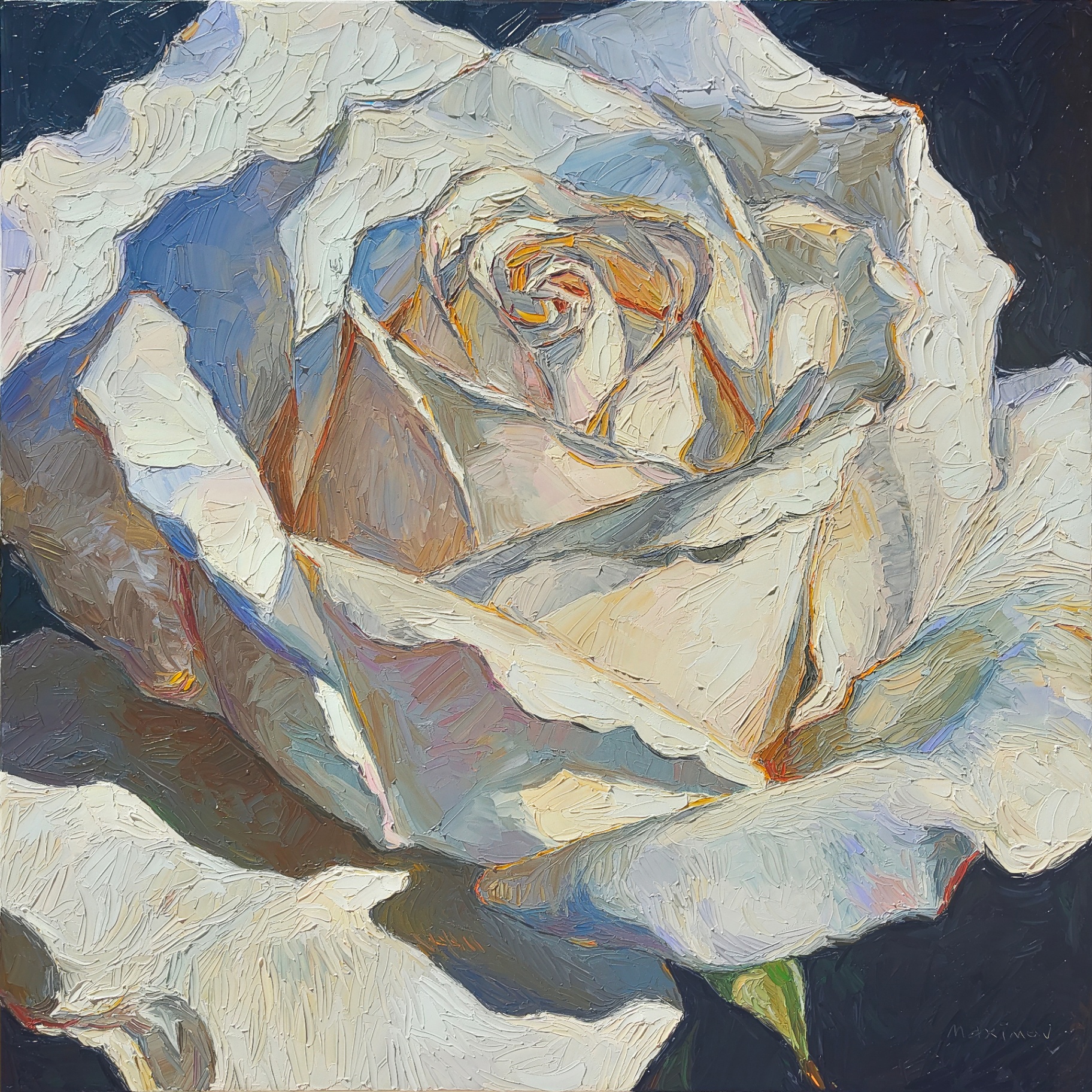 White Rose — palette-knife oil painting by Evgeny Maximov