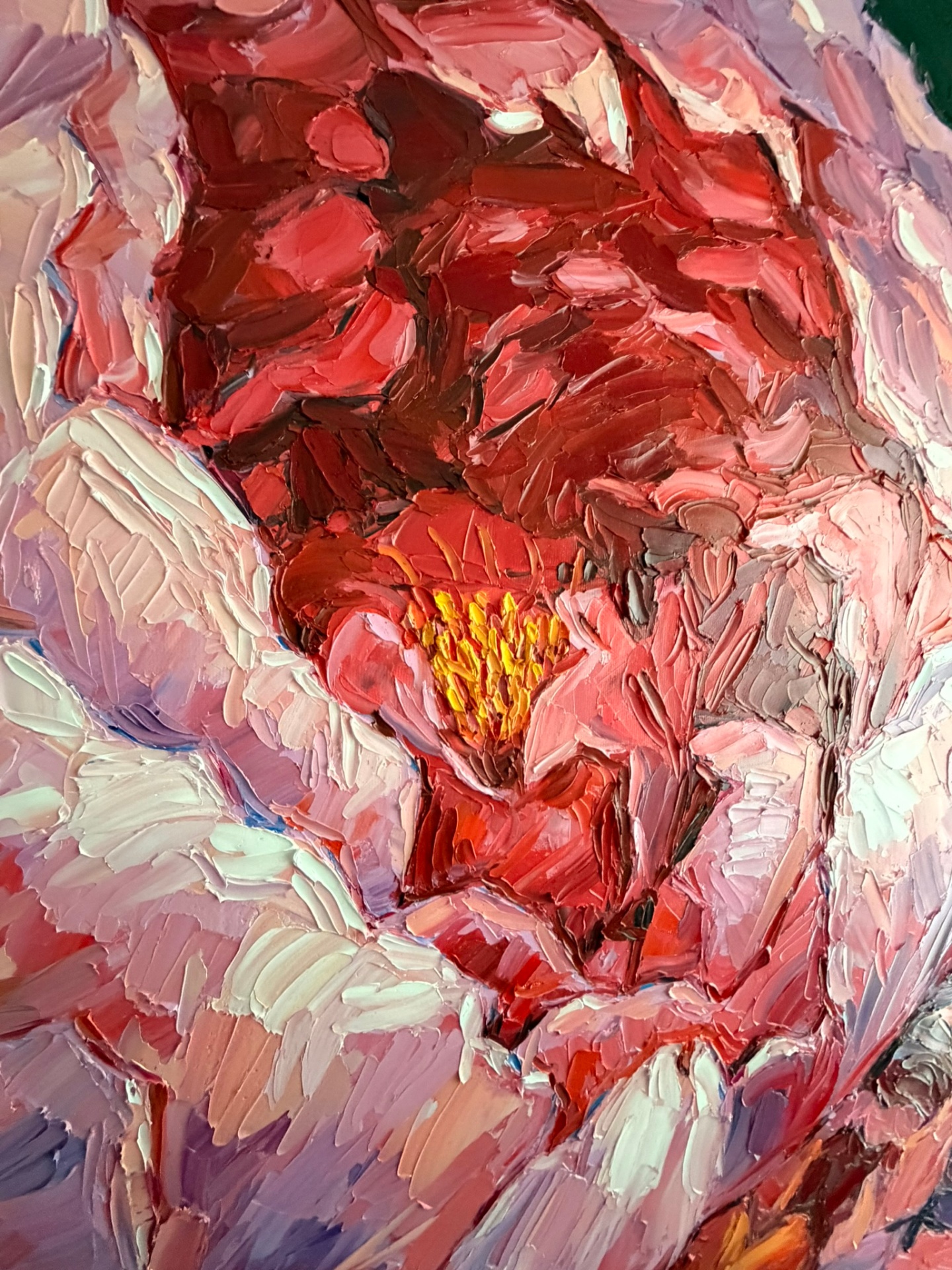 Macro close-up of thick palette-knife oil strokes at the heart of the Peony