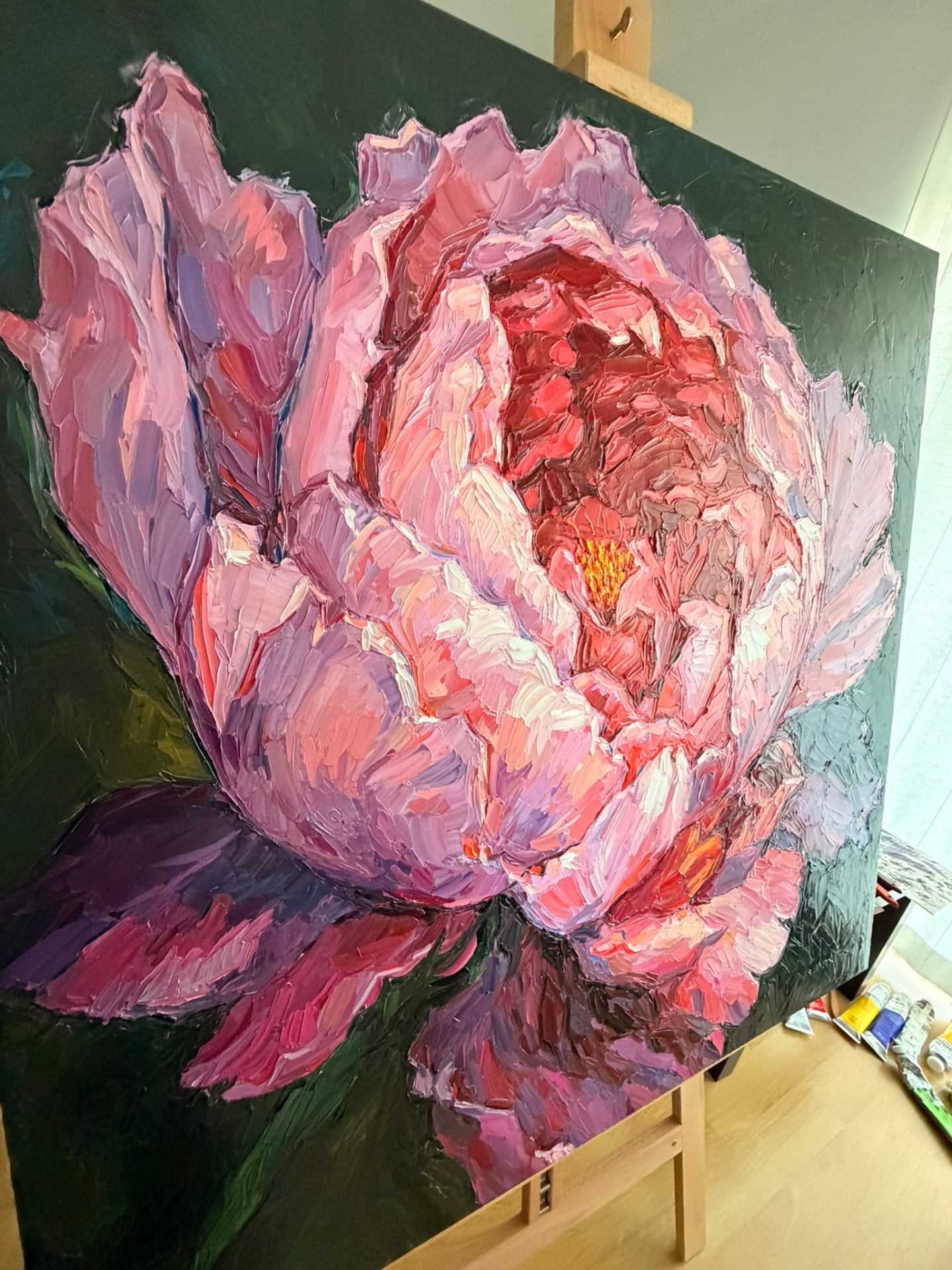 The Peony painting on the easel in the studio