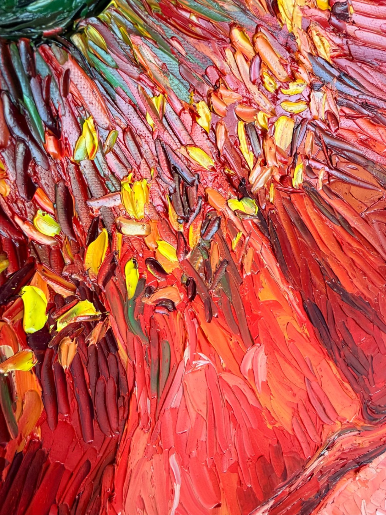 Macro close-up of thick palette-knife strokes with yellow accents in the Poppy