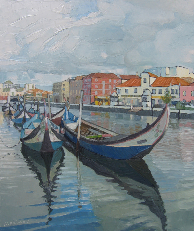 Moliceiros, Aveiro Canal — palette-knife oil painting by Evgeny Maximov (sold)