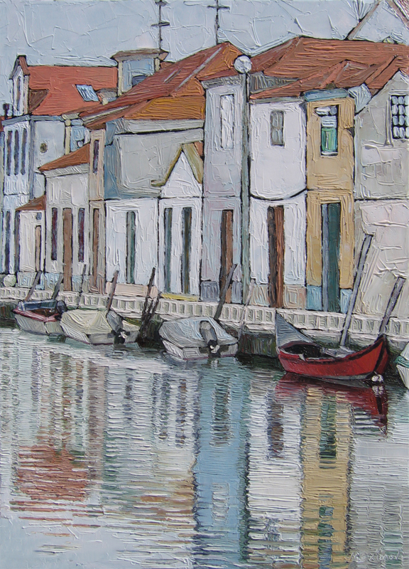Red Boat, Canal Reflections — palette-knife oil painting by Evgeny Maximov (sold)