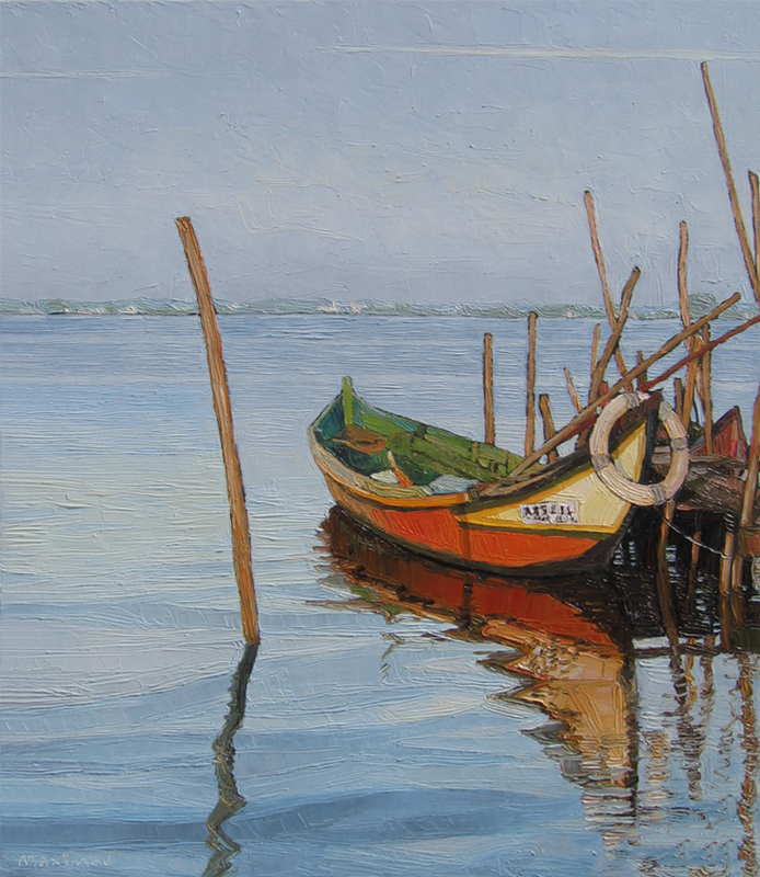 Fishing Boat, Calm Water — palette-knife oil painting by Evgeny Maximov (sold)