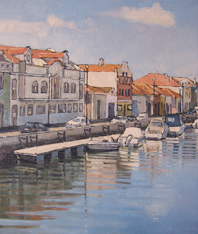 Aveiro Waterfront, Morning — palette-knife oil painting by Evgeny Maximov (sold)