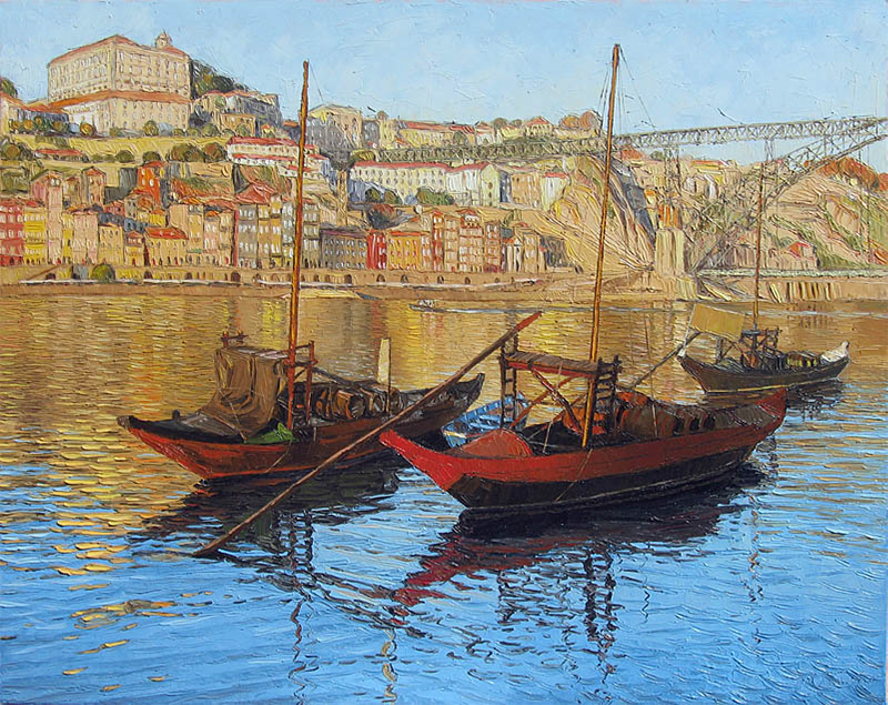 Rabelo Boats, Porto — palette-knife oil painting by Evgeny Maximov (sold)