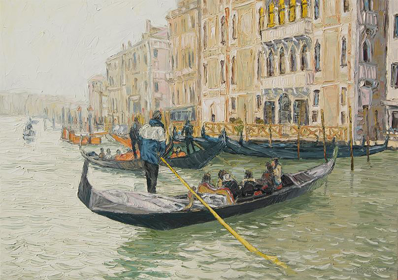 Grand Canal Gondoliers — palette-knife oil painting by Evgeny Maximov (sold)