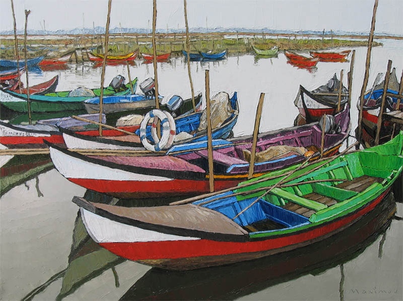 Moored Fishing Boats — palette-knife oil painting by Evgeny Maximov (sold)