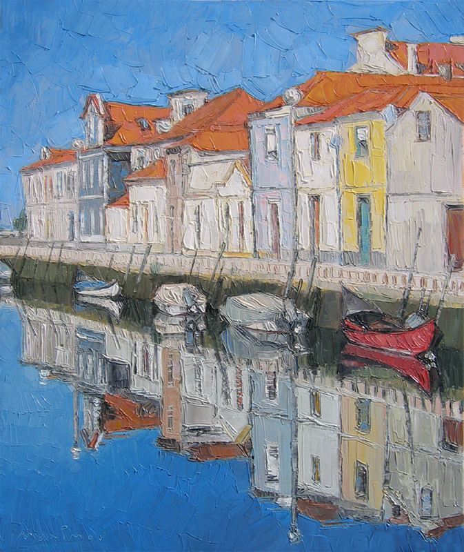 Canal Houses, Aveiro — palette-knife oil painting by Evgeny Maximov (sold)