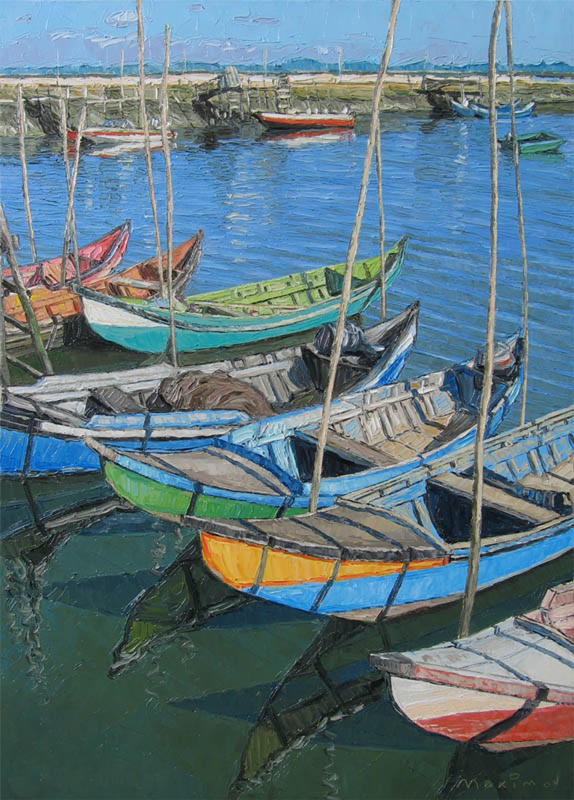 Harbour Boats, Blue Water — palette-knife oil painting by Evgeny Maximov (sold)