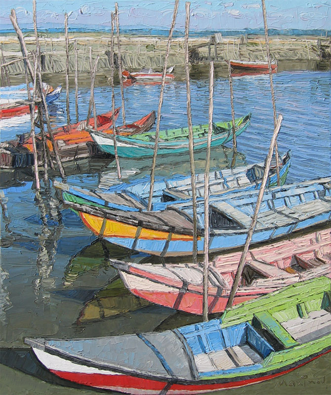 Colourful Boats at Low Tide — palette-knife oil painting by Evgeny Maximov (sold)