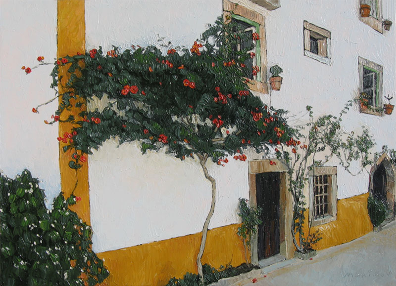 Bougainvillea Wall, Óbidos — palette-knife oil painting by Evgeny Maximov (sold)