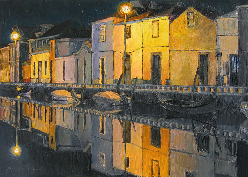 Canal at Night — palette-knife oil painting by Evgeny Maximov (sold)