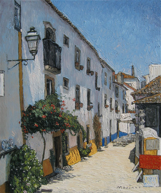Óbidos Street — palette-knife oil painting by Evgeny Maximov (sold)