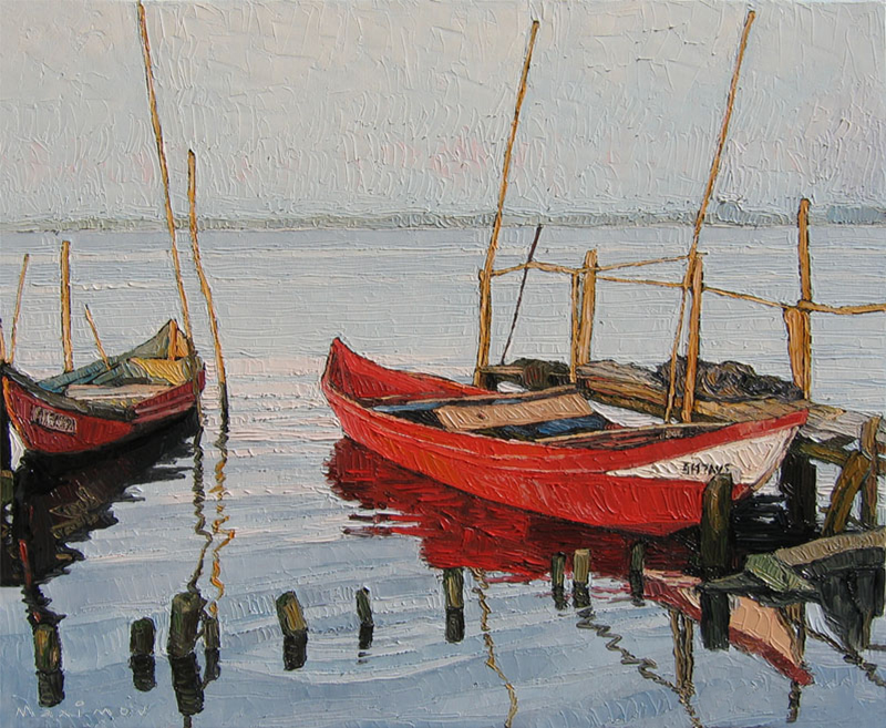 Red Boats at Dusk — palette-knife oil painting by Evgeny Maximov (sold)