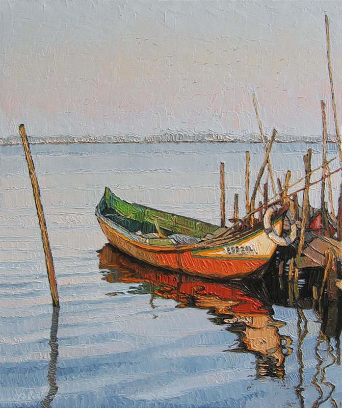 Orange Boat at Dusk — palette-knife oil painting by Evgeny Maximov (sold)