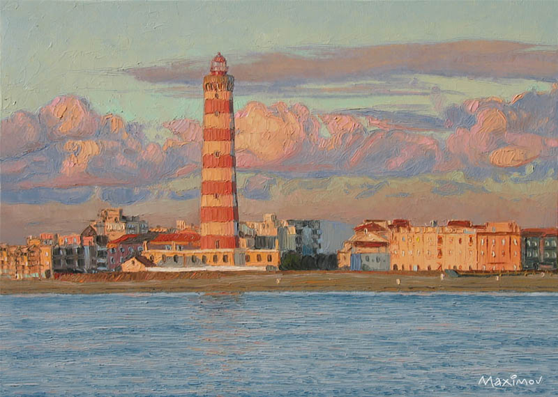 Lighthouse at Sunset — palette-knife oil painting by Evgeny Maximov (sold)