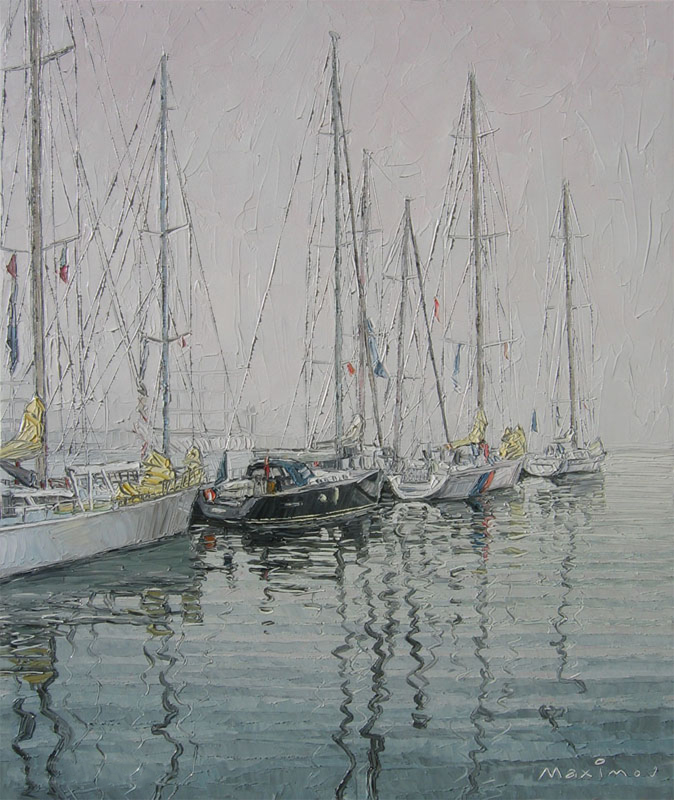 Sailboats in the Mist — palette-knife oil painting by Evgeny Maximov (sold)
