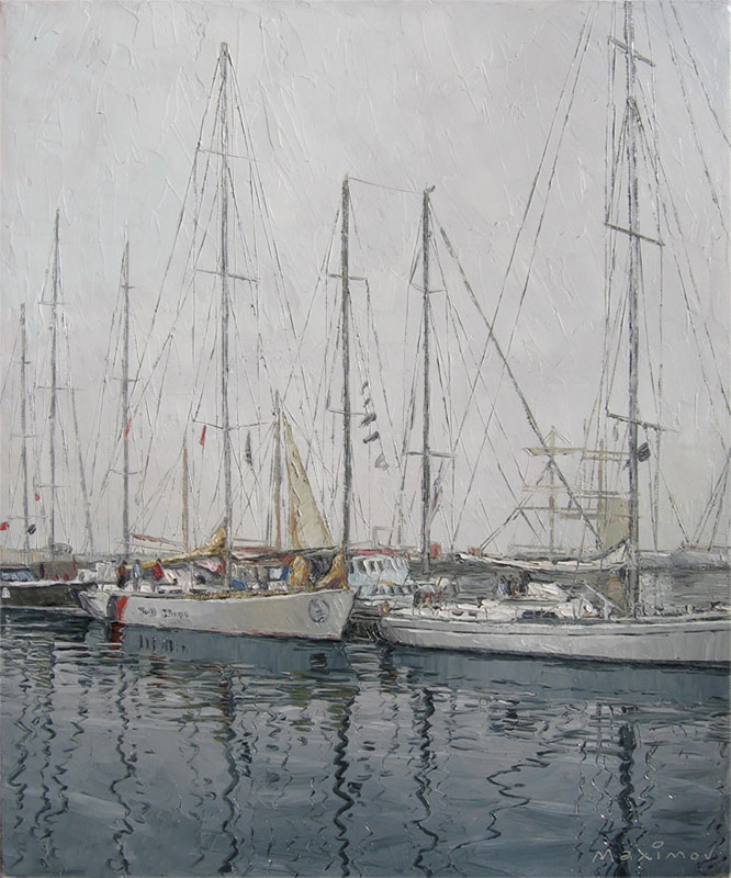 Harbour Masts, Grey Morning — palette-knife oil painting by Evgeny Maximov (sold)