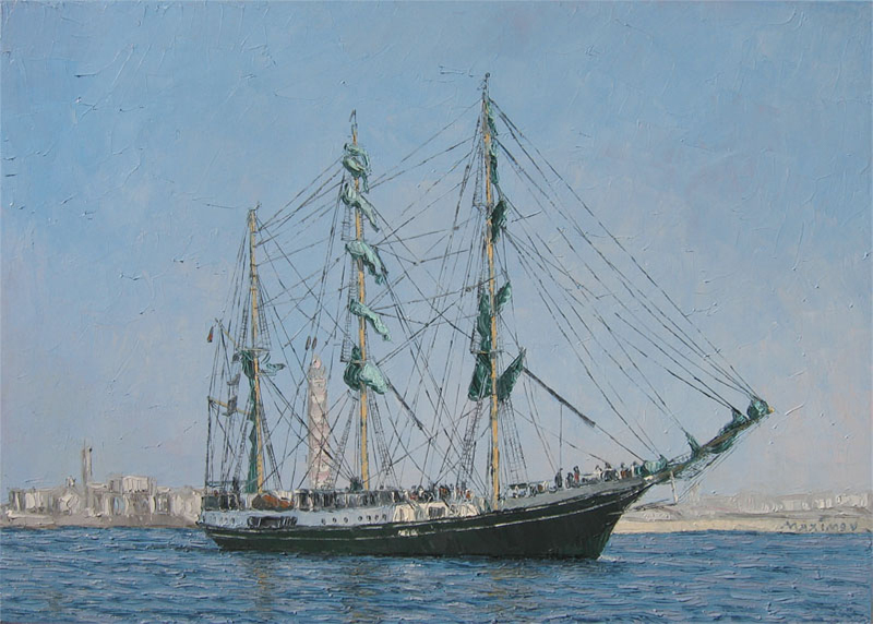 Tall Ship at Anchor — palette-knife oil painting by Evgeny Maximov (sold)