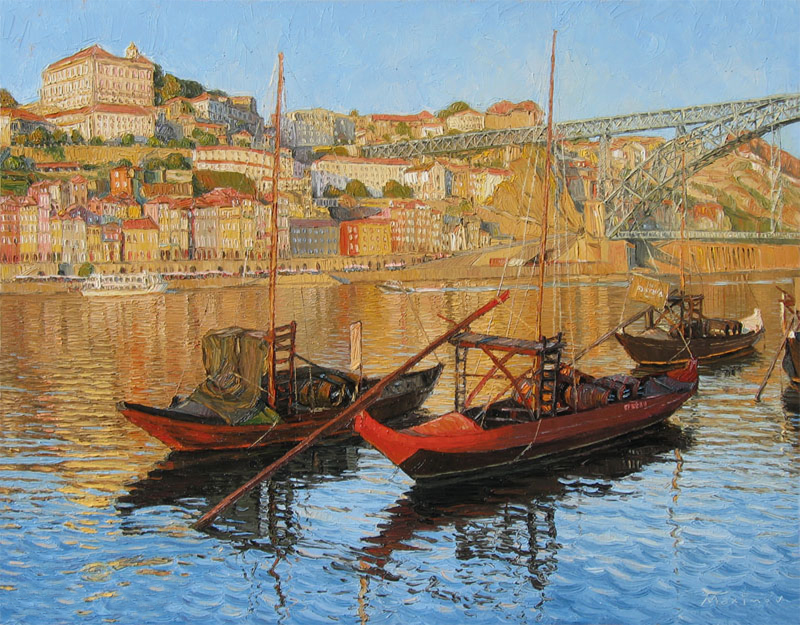 Rabelo Boats, Douro — palette-knife oil painting by Evgeny Maximov (sold)