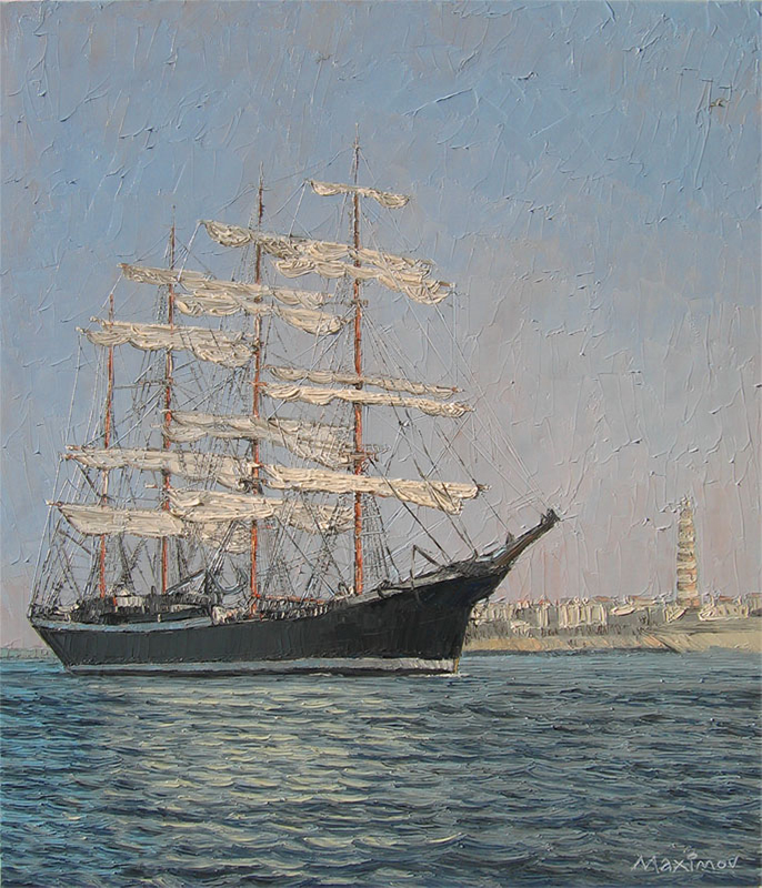 Square-Rigger Under Sail — palette-knife oil painting by Evgeny Maximov (sold)
