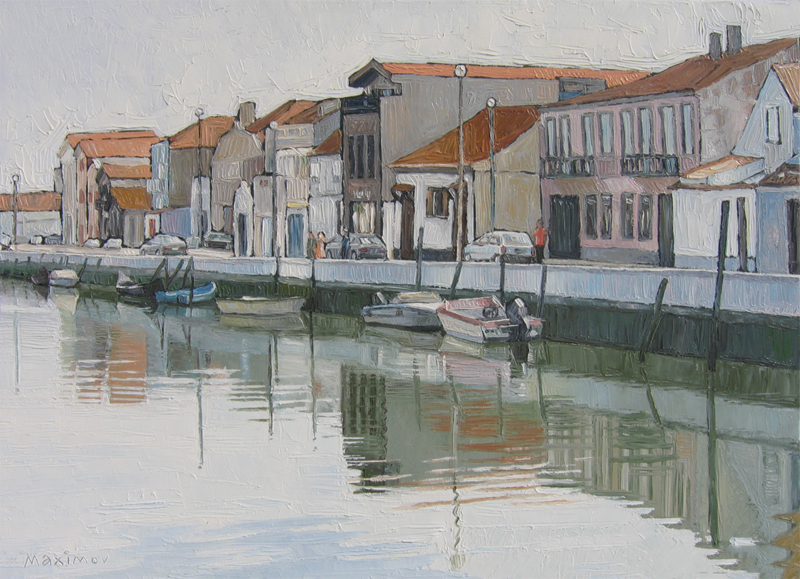 Canal Reflections, Aveiro — palette-knife oil painting by Evgeny Maximov (sold)
