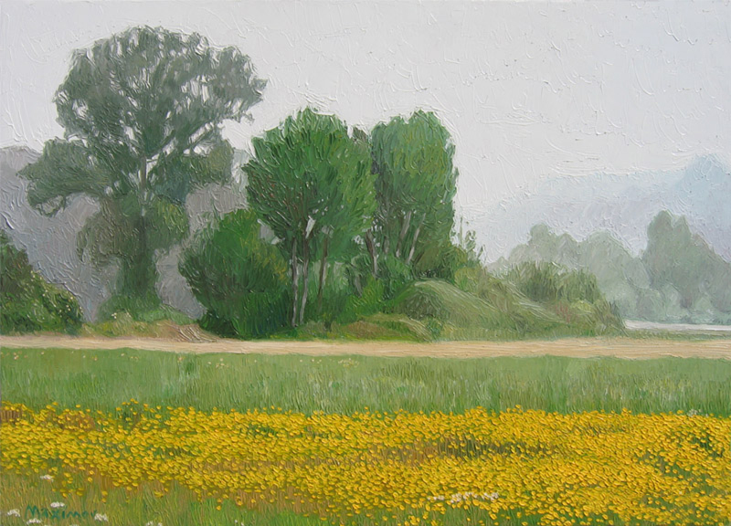 Yellow Meadow, Misty Morning — palette-knife oil painting by Evgeny Maximov (sold)