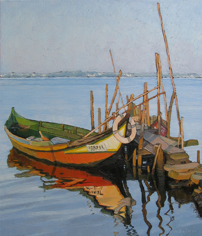 Moored Moliceiro, Aveiro — palette-knife oil painting by Evgeny Maximov (sold)