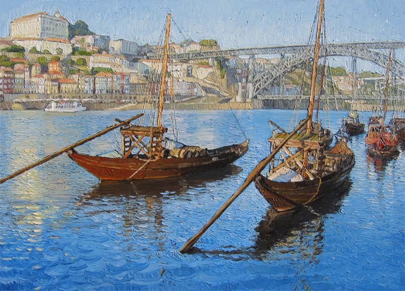 Rabelo Boats, Dom Luís Bridge — palette-knife oil painting by Evgeny Maximov (sold)