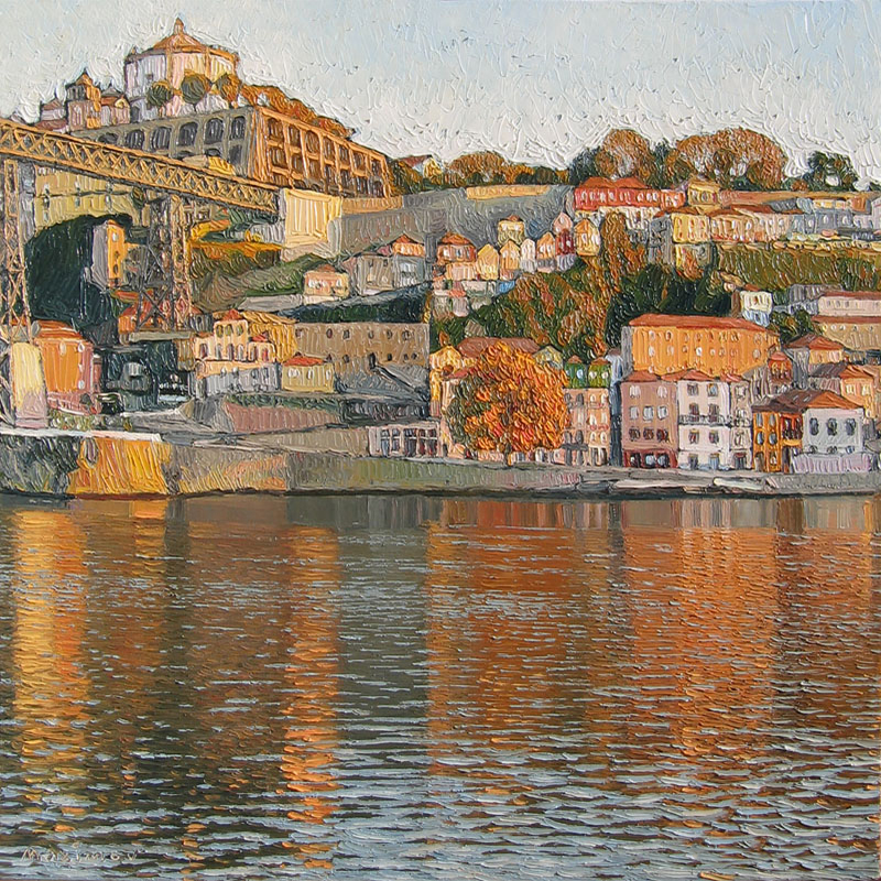 Douro Reflections, Golden Light — palette-knife oil painting by Evgeny Maximov (sold)
