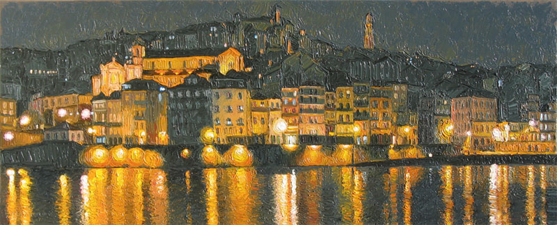 Harbour Lights at Night — palette-knife oil painting by Evgeny Maximov (sold)