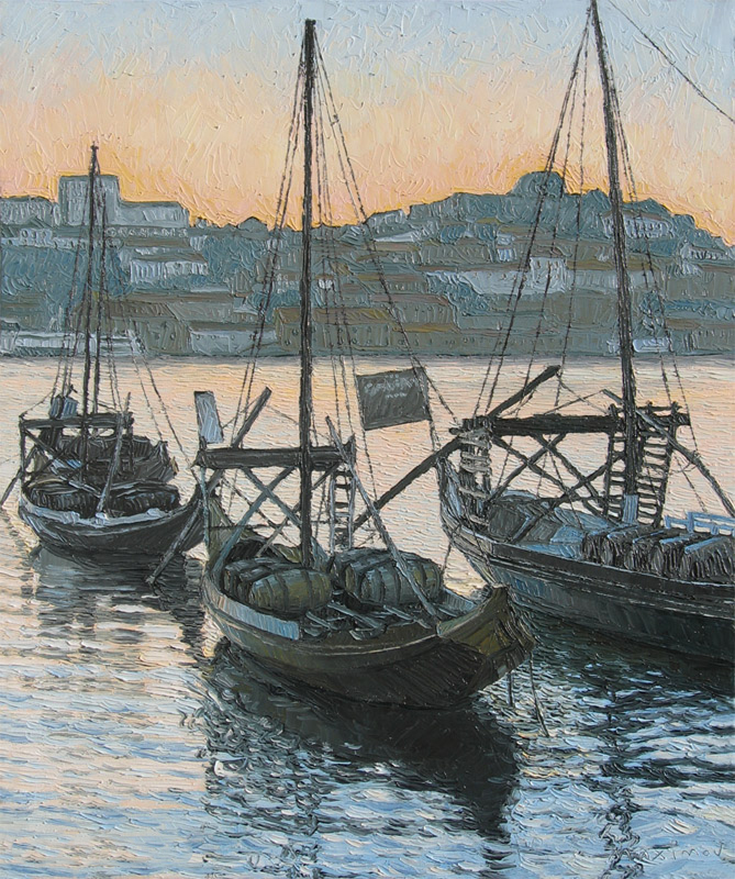 Port Boats at Twilight — palette-knife oil painting by Evgeny Maximov (sold)
