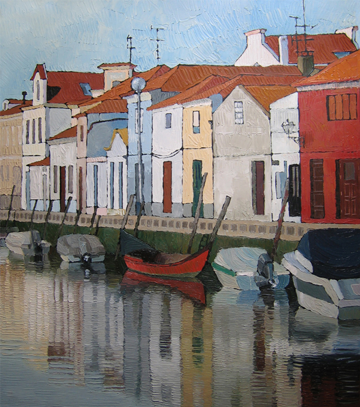 Aveiro Canal, Red Boat — palette-knife oil painting by Evgeny Maximov (sold)