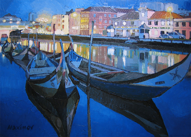 Moliceiros at Night — palette-knife oil painting by Evgeny Maximov (sold)