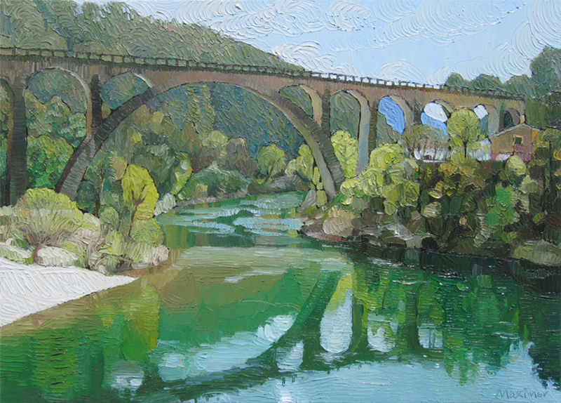 Stone Bridge, Green River — palette-knife oil painting by Evgeny Maximov (sold)