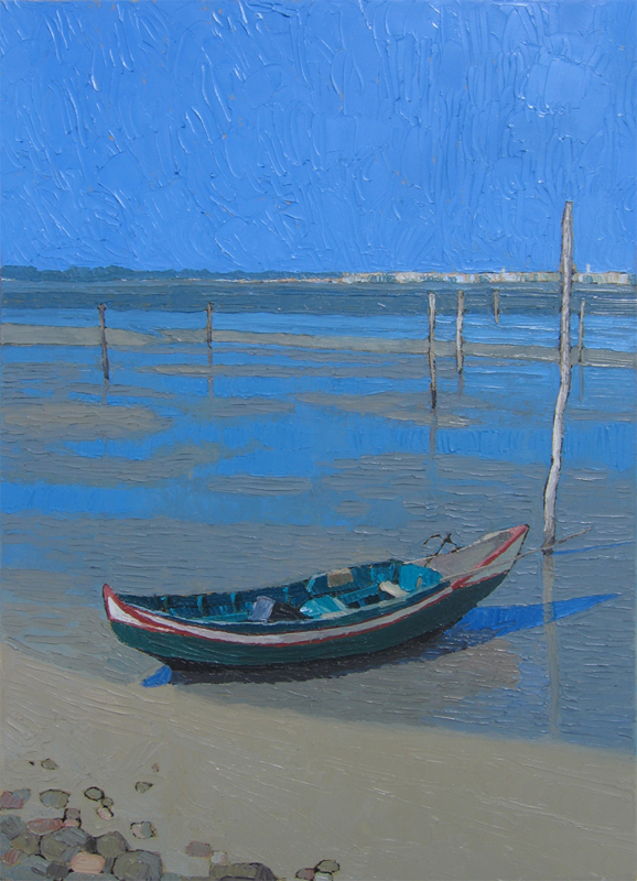 Beached Boat, Low Tide — palette-knife oil painting by Evgeny Maximov (sold)
