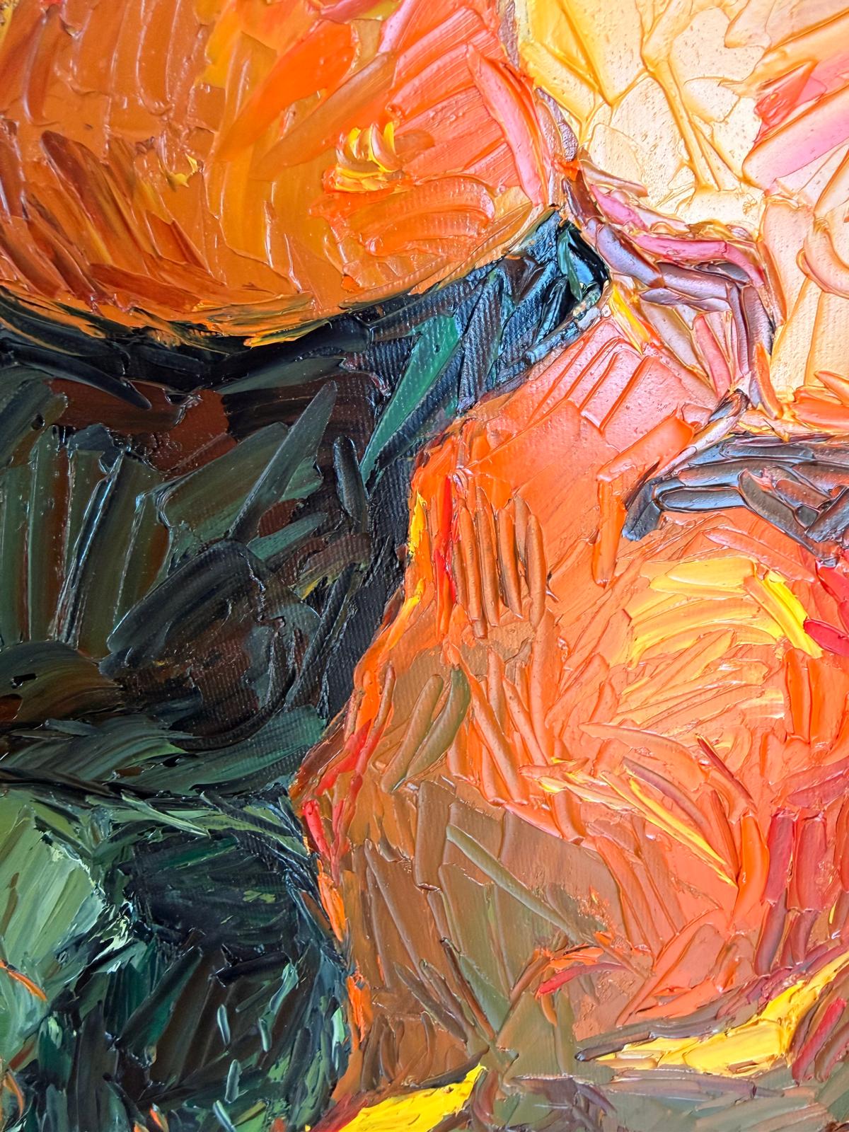 Macro close-up of thick palette-knife oil strokes in the Sunflower