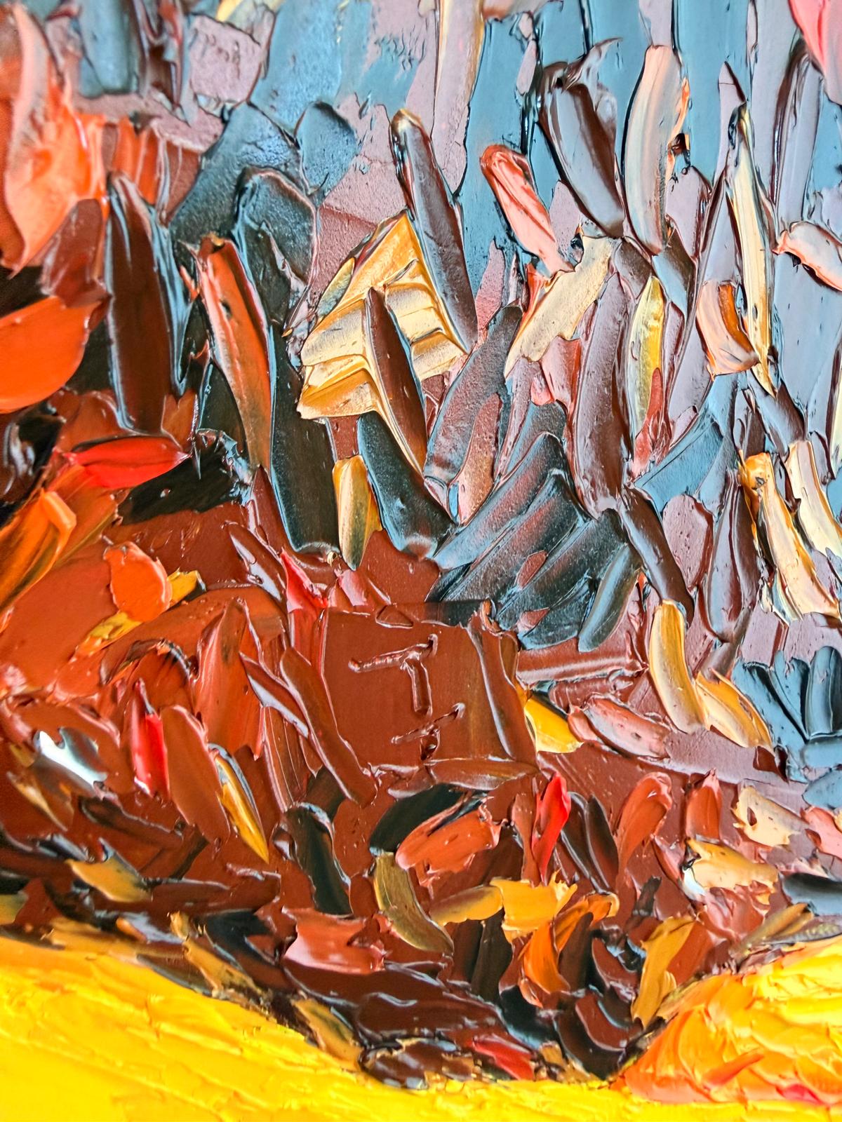 Macro detail of layered impasto petals and seeded heart in the Sunflower
