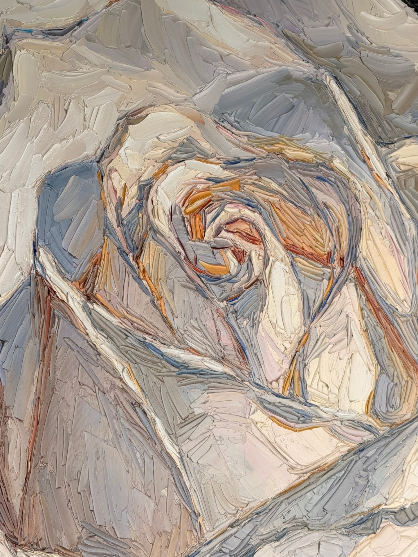 Macro close-up of thick palette-knife oil strokes at the heart of the White Rose
