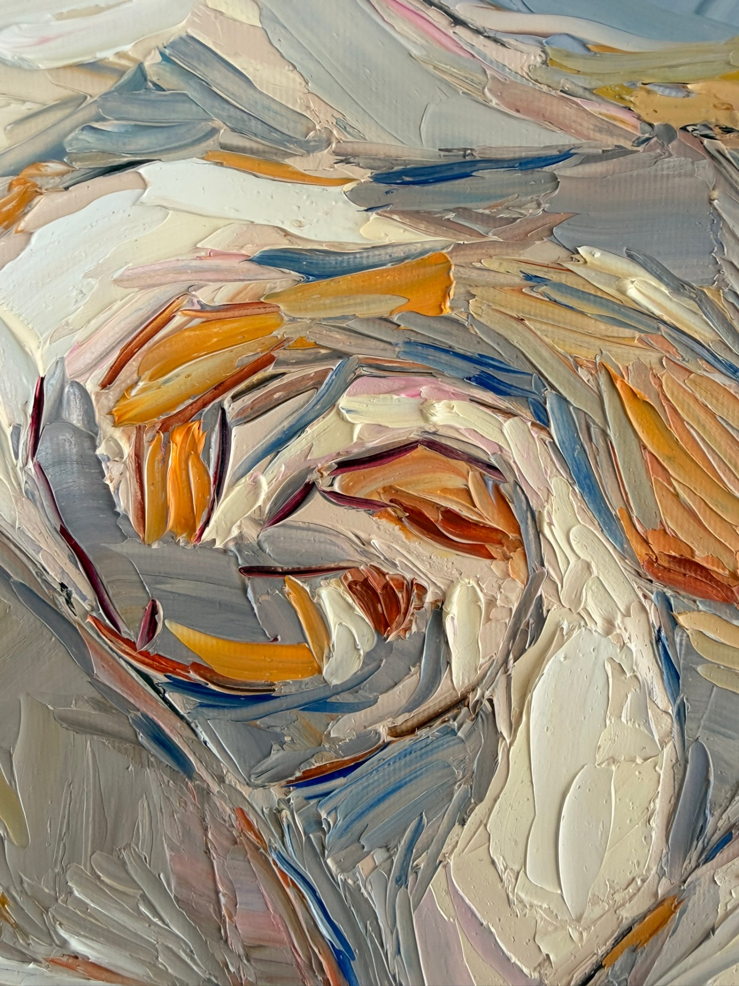 Macro detail of swirling impasto petals in the White Rose